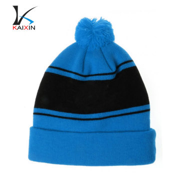 Alta qualidade personalizado Hip Hop azul Beanie Hat com pom pom inverno malha gorro / atacado gorro preto com applique bordado logotipo